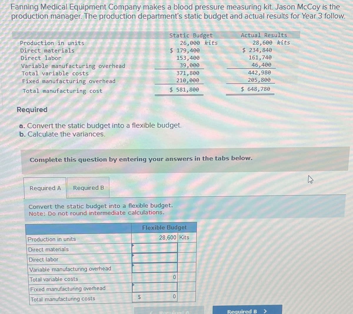 Fanning Medical Equipment Company makes a blood pressure measuring kit. Jason McCoy is the
production manager. The production department's static budget and actual results for Year 3 follow.
Production in units
Direct materials.
Direct labor
Variable manufacturing overhead
Total variable costs
Fixed manufacturing overhead
Total manufacturing cost
Required A Required B
Static Budget
Required
a. Convert the static budget into a flexible budget.
b. Calculate the variances.
Production in units
Direct materials
Direct labor
Variable manufacturing overhead
Total variable costs
Fixed manufacturing overhead
Total manufacturing costs
$ 179,400
153,400
39,000
$
371,800
210,000
$ 581,800
Convert the static budget into a flexible budget.
Note: Do not round intermediate calculations.
26,000 kits
Complete this question by entering your answers in the tabs below.
Flexible Budget
28,600 Kits
0
0
Actual Results
28,600 kits
PLA
$ 234,840
161,740
46,400
442,980
205,800
$ 648,780
Required B