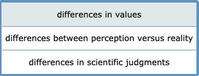 differences in values
differences between perception versus reality
differences in scientific judgments