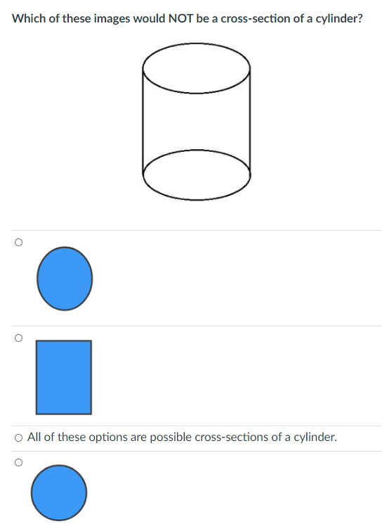 Which of these images would NOT be a cross-section of a cylinder?
O All of these options are possible cross-sections of a cylinder.

