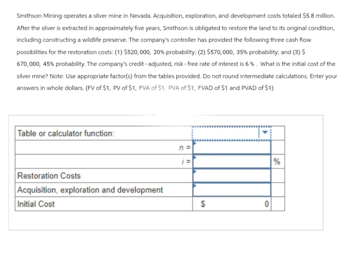 Smithson Mining operates a silver mine in Nevada. Acquisition, exploration, and development costs totaled $5.8 million.
After the silver is extracted in approximately five years, Smithson is obligated to restore the land to its original condition,
including constructing a wildlife preserve. The company's controller has provided the following three cash flow
possibilities for the restoration costs: (1) $520,000, 20% probability; (2) $570,000, 35% probability; and (3) $
670,000, 45% probability. The company's credit-adjusted, risk-free rate of interest is 6%. What is the initial cost of the
silver mine? Note: Use appropriate factor(s) from the tables provided. Do not round intermediate calculations. Enter your
answers in whole dollars. (FV of $1, PV of $1, FVA of $1, PVA of $1, FVAD of $1 and PVAD of $1)
Table or calculator function:
Restoration Costs
Acquisition, exploration and development
Initial Cost
n =
i=
$
0
200
%