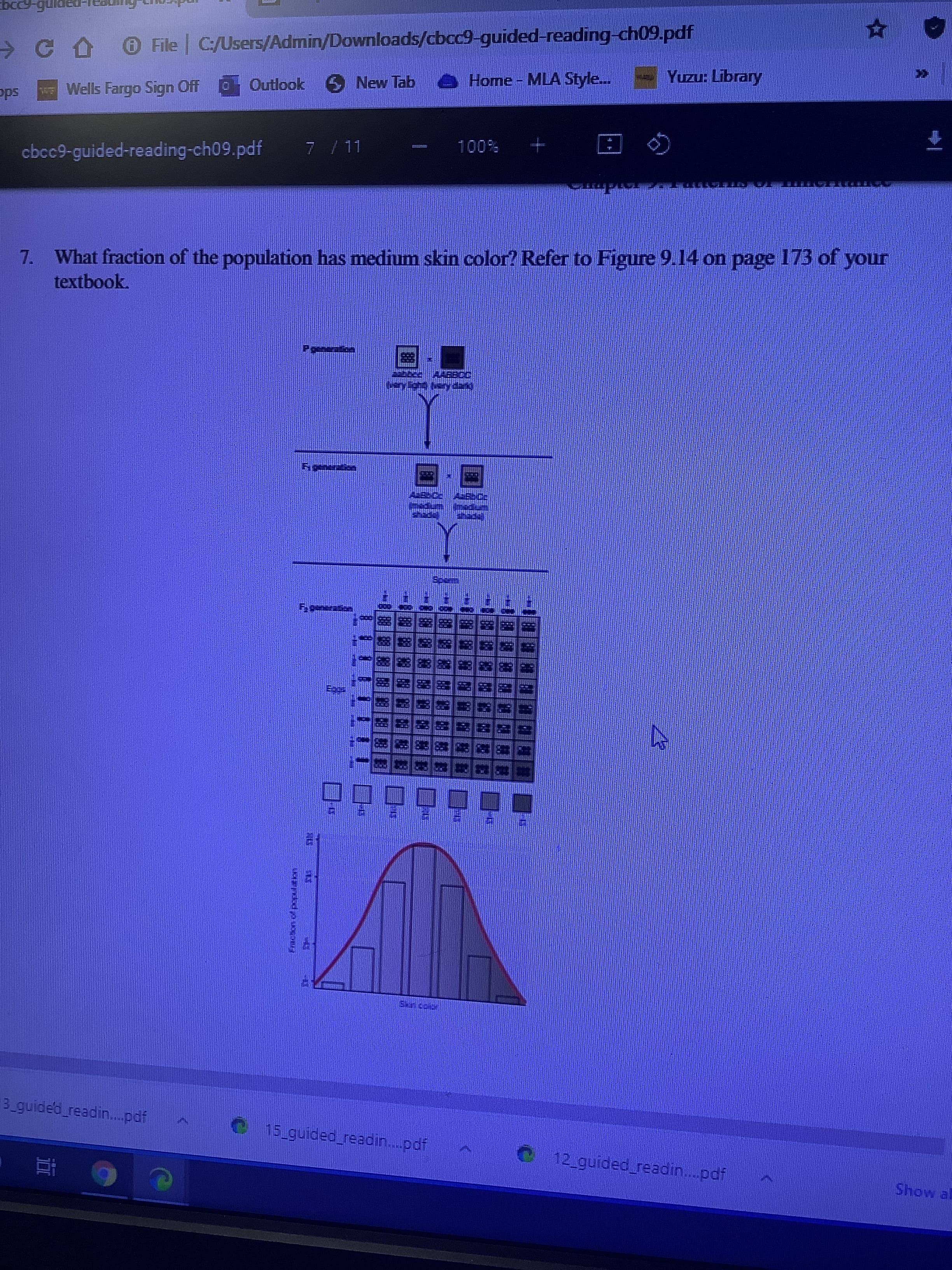 一
OFile C/Users/Admin/Downloads/cbcc9-guided-reading-ch09.pdf
6New Tab
e Home - MLA Style.
Yuzu: Library
Wells Fargo Sign Off 0Outlook
cbcc9-guided-reading-ch09.pdf
7/11
00
What fraction of the population has medium skin color? Refer to Figure 9 14 on page 173 of your
7.
textbook.
3 guided_readin..pdf
15_guided_readin.pdf
upd-uipeapeo
Show al
|面
