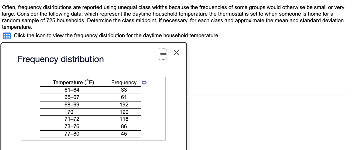 Often, frequency distributions are reported using unequal class widths because the frequencies of some groups would otherwise be small or very
large. Consider the following data, which represent the daytime household temperature the thermostat is set to when someone is home for a
random sample of 725 households. Determine the class midpoint, if necessary, for each class and approximate the mean and standard deviation
temperature.
Click the icon to view the frequency distribution for the daytime household temperature.
Frequency distribution
Temperature (°F)
Frequency
61-64
33
65-67
61
68-69
192
70
190
71-72
118
73–76
86
77-80
45
