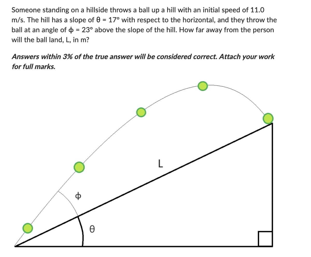 Someone standing on a hillside throws a ball up a hill with an initial speed of 11.0
m/s. The hill has a slope of 0 = 17° with respect to the horizontal, and they throw the
ball at an angle of = 23° above the slope of the hill. How far away from the person
will the ball land, L, in m?
Answers within 3% of the true answer will be considered correct. Attach your work
for full marks.
Ꮎ
L