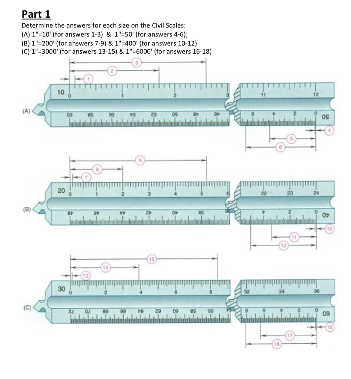 Part 1
Determine the answers for each size on the Civil Scales:
(A) 1"=10' (for answers 1-3) & 1"=50' (for answers 4-6);
(B) 1"=200' (for answers 7-9) & 1"=400' (for answers 10-12)
(C) 1"=3000' (for answers 13-15) & 1"=6000' (for answers 16-18)
10
2.
11
12
(A)
09
99
58
54
52
22
23
24
(B)
48
44
42
40
10
15
30
36
(C)
72
99
99
+9
29
09
58
99
9.
2.
4.
09
16
20
