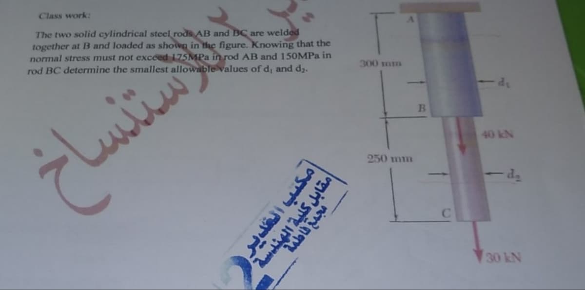 Class work:
The two solid cylindrical
steel rods AB and BC are welded
together at B and loaded as shown in the figure. Knowing that the
normal stress must not exceed 175MPa in rod AB and 150MPa in
rod BC determine the smallest allowable values of d, and d₂.
استنساخ
200 m
مكتب المدير
مقابل كلية الهندسة
مجمع فاطمة
250 mm
B
40 kN
- d
30 kN