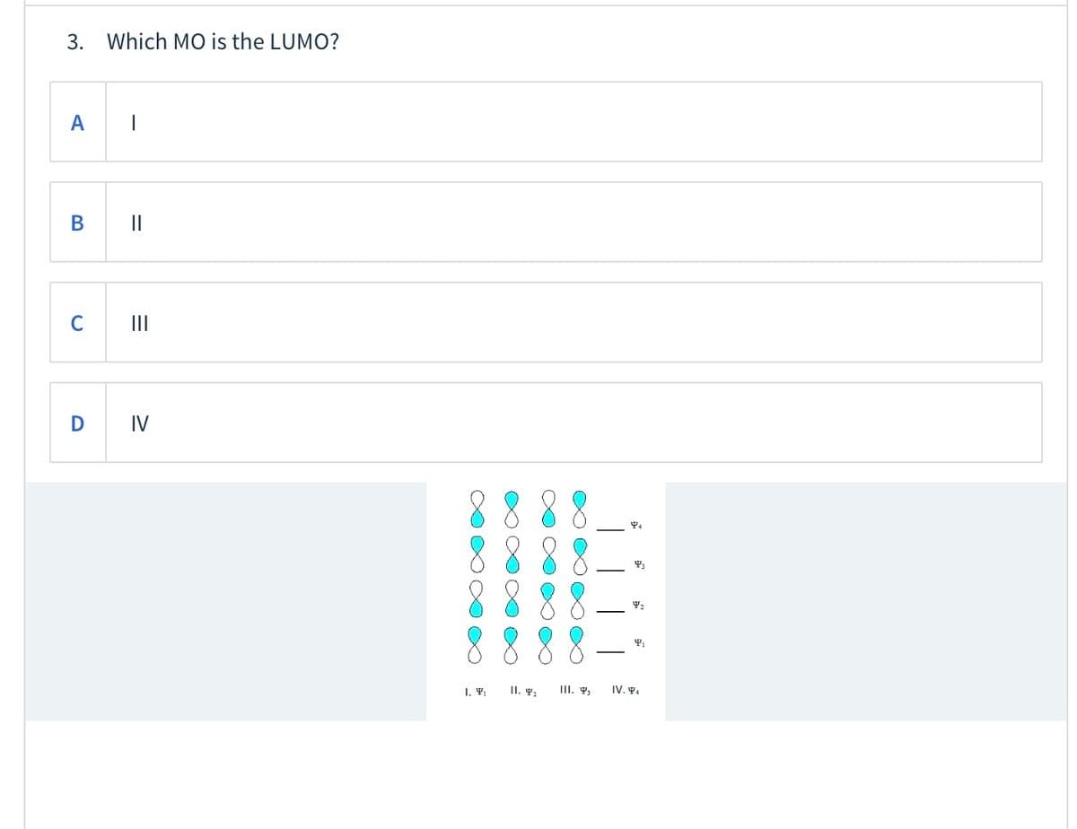 3. Which MO is the LUMO?
А
В
II
D
IV
8888
I. ,
II. y,
III. y,
IV. Y4
