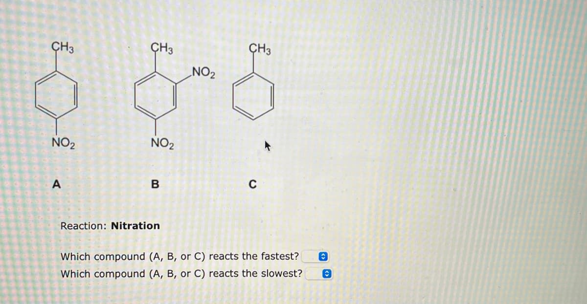 CH 3
CH3
CH3
NO 2
శ్రీ శ్రీర
NO₂
NO₂
B
A
Reaction: Nitration
Which compound (A, B, or C)
reacts the fastest?
Which compound (A, B, or C) reacts the slowest? Ⓒ