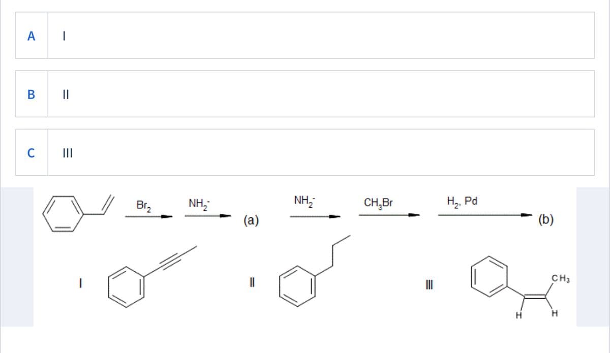 A
В
||
C
III
Br,
NH,
NH,
CH,Br
H2, Pd
(a)
(b)
of
CH3
H.
