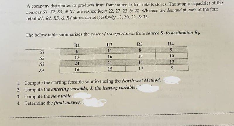 A company distributes its products from four source to four retails stores. The supply capacities of the
sources S1, S2, S3, & S4, are respectively 22, 27, 23, & 20. Whereas the demand at each of the four
retail R1, R2, R3, & R4 stores are respectively 17, 20, 22, & 33.
The below table summarizes the costs of transportation from source S, to destination R₁.
RI
R2
R3
R4
SI
6
11
8
9
S2
15
16
17
10
S3
24
21
11
13
$4
16
15
17
9
1. Compute the starting feasible solution using the Northwest Method.
2. Compute the entering variable, & the leaving variable.
3. Compute the new table.
4. Determine the final answer.