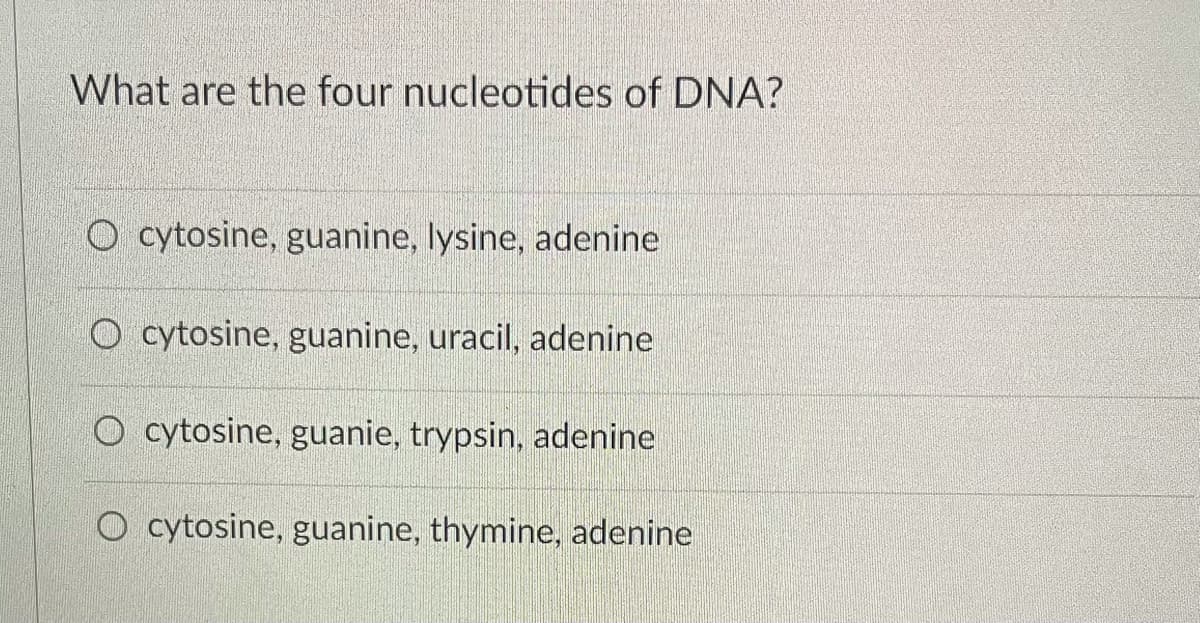 What are the four nucleotides of DNA?
O cytosine, guanine, lysine, adenine
O cytosine, guanine, uracil, adenine
O cytosine, guanie, trypsin, adenine
O cytosine, guanine, thymine, adenine
