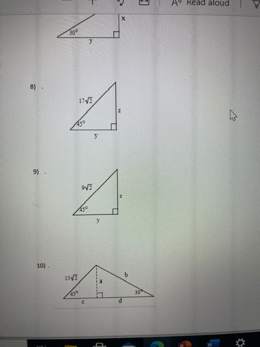 A"
Read aloud
30°
y
8)
172
450
y
9)
450
y
10).
15/7
450
30
C.
