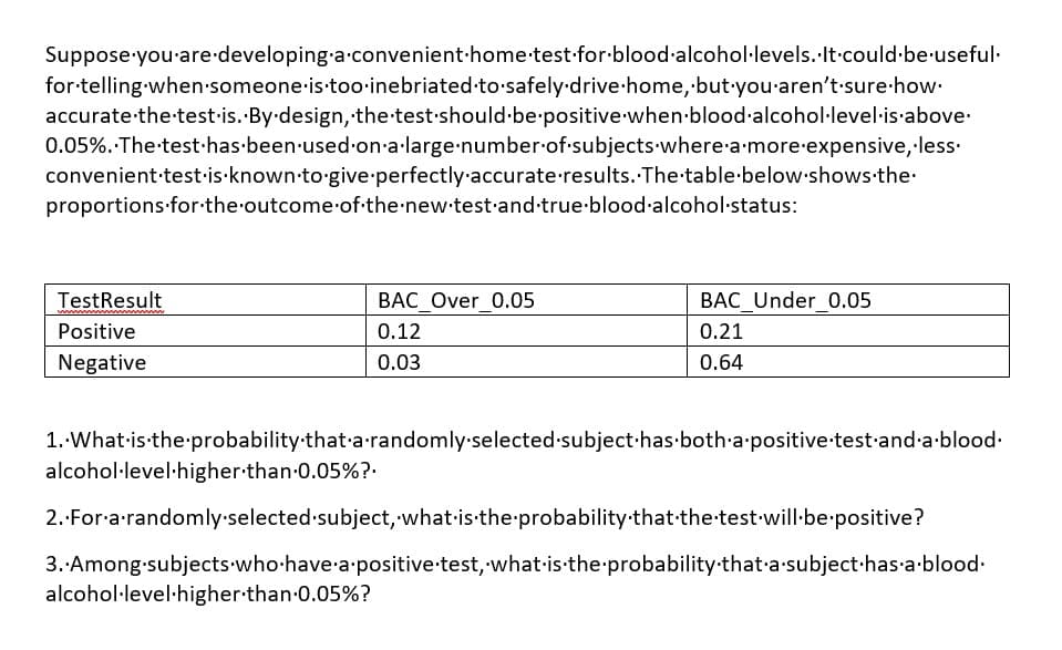 Suppose you are developing a convenient-home-test-for-blood-alcohol·levels. It could be useful.
for telling when someone is too inebriated to safely drive home, but you aren't sure how.
accurate the test is. By design, the test should be positive when blood-alcohol·level.is above.
0.05%. The test has been used on a large number of subjects where a more expensive,.less.
convenient test is known to give perfectly accurate results. The table below shows.the.
proportions for the outcome of the new test and true-blood-alcohol.status:
TestResult
Positive
Negative
www
www
BAC_Over_0.05
0.12
0.03
BAC Under 0.05
0.21
0.64
1. What is the probability that a randomly selected subject has both a positive test and a blood.
alcohol·level higher than 0.05%?.
2. For a randomly selected subject, what is the probability that the test will·be·positive?
3. Among subjects who have a positive test, what is the probability that a subject has.a.blood.
alcohol·level.higher than 0.05%?