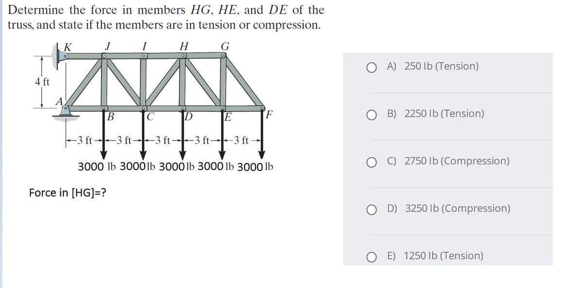 Determine the force in members HG, HE, and DE of the
truss, and state if the members are in tension or compression.
J
H
A) 250 Ib (Tension)
4 ft
В
E
B) 2250 Ib (Tension)
-3 ft 3 ft 3 ft→
-3 ft -3 ft
C) 2750 Ib (Compression)
3000 lb 3000lb 3000lb 3000 lb 3000 lb
Force in [HG]=?
D) 3250 Ib (Compression)
E) 1250 lb (Tension)
