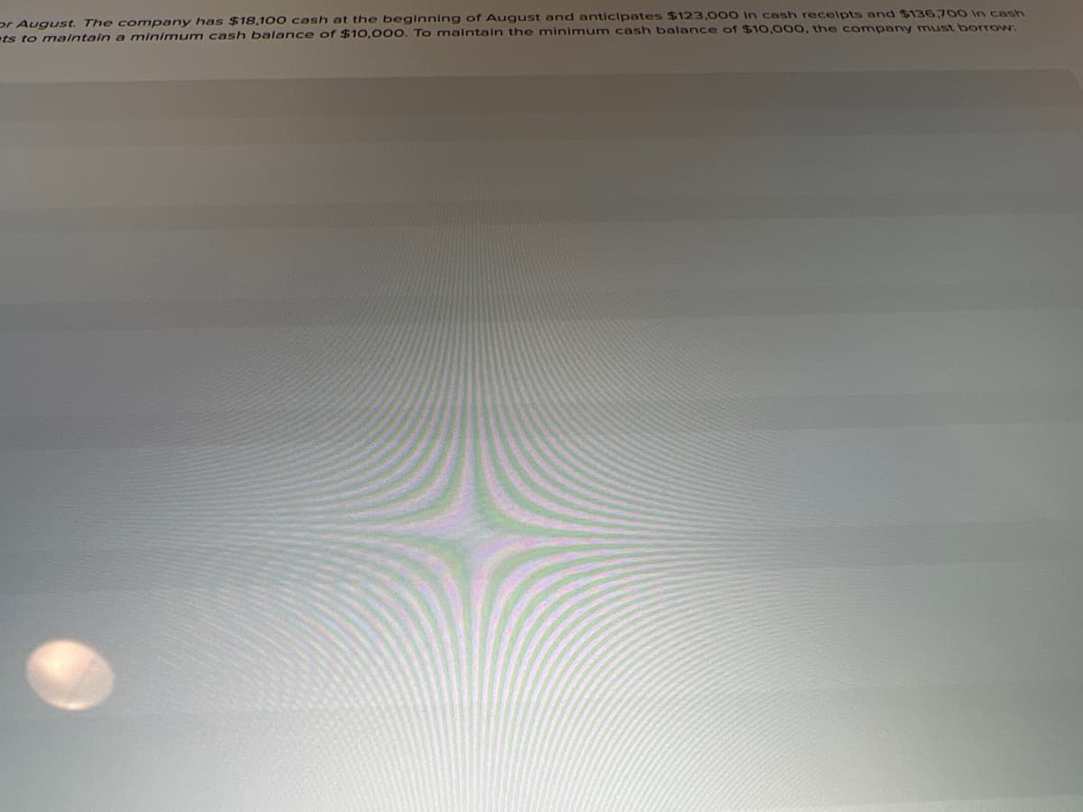 or August. The company has $18,100 cash at the beginning of August and anticipates $123,000 in cash receipts and $136700 in cash
ts to maintain a minimum cash balance of $10,00O. To maintain the minimum cash balance of $10,00O, the company must borrow.
