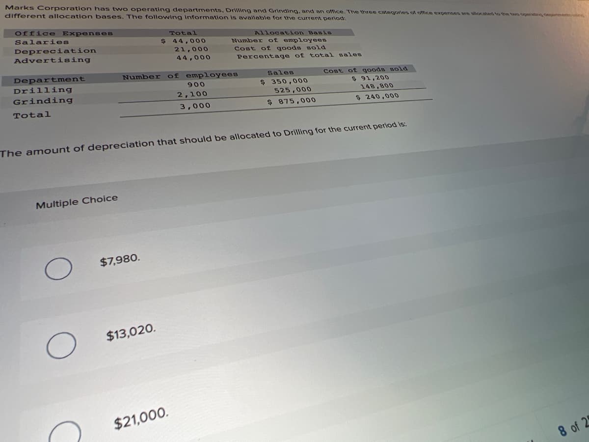 Marks Corporation has two operating departments, Drilling and Grinding, and an office. The three categories of office exApenses are alocated to the tavo opertng cene
different allocatlon bases. The following Information is avallable for the current period:
Office Expenses
Salaries
Total
Allocation Basis
Number of employees
44,000
Depreciation
Advertising
21,000
Cost of goods Bold
44,000
Percentage of total sales
Department
Drilling
Grinding
Number
of employees
Sales
Cost of goods sold
900
$ 350,000
$ 91,200
2,100
525,000
148,800
Total
3,000
$ 875,000
$ 240,000
The amount of depreciation that should be allocated to Drilling for the current period is:
Multiple Choice
$7,980.
$13,020.
$21,000.
8 of 25
