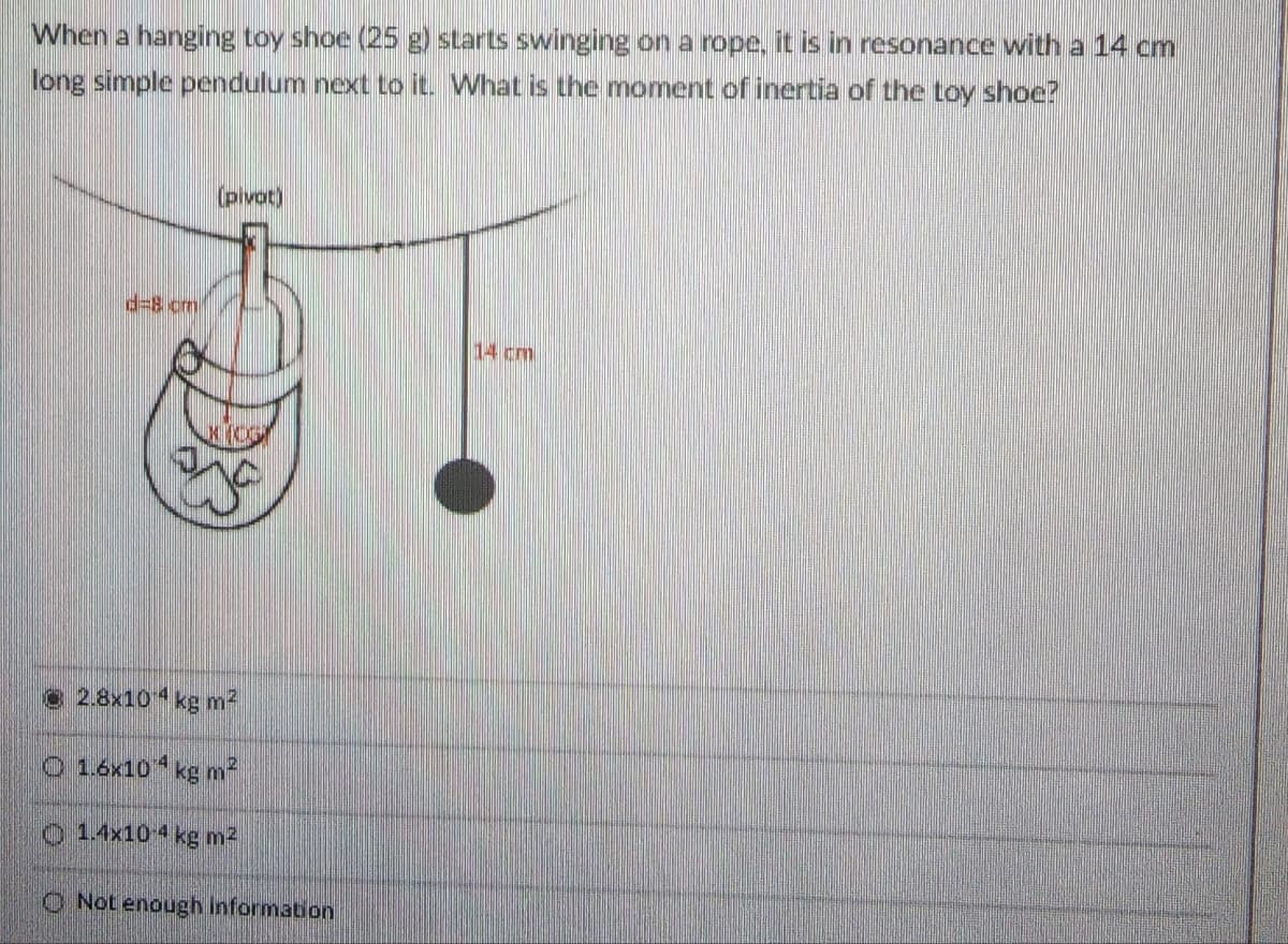 When a hanging toy shoe (25 g) starts swinging on a rope, it is in resonance with a 14 cm
long simple pendulum next to it. What is the moment of inertia of the toy shoe?
d=8 cm
(pivot)
2.8x104 kg m²
O 1.6x104 kg m²
1.4x10-4 kg m²
Not enough information
14 cm