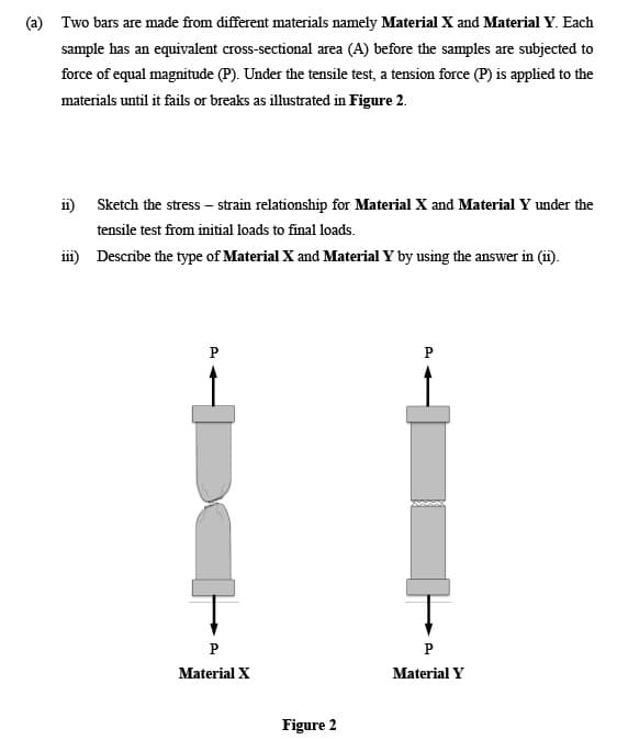 (a) Two bars are made from different materials namely Material X and Material Y. Each
sample has an equivalent cross-sectional area (A) before the samples are subjected to
force of equal magnitude (P). Under the tensile test, a tension force (P) is applied to the
materials until it fails or breaks as illustrated in Figure 2.
ii) Sketch the stress – strain relationship for Material X and Material Y under the
tensile test from initial loads to final loads.
iii) Describe the type of Material X and Material Y by using the answer in (ii).
P
P
P
P
Material X
Material Y
Figure 2
