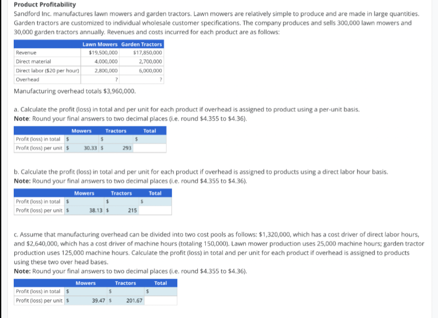 Product Profitability
Sandford Inc. manufactures lawn mowers and garden tractors. Lawn mowers are relatively simple to produce and are made in large quantities.
Garden tractors are customized to individual wholesale customer specifications. The company produces and sells 300,000 lawn mowers and
30,000 garden tractors annually. Revenues and costs incurred for each product are as follows:
Revenue
Direct material
Direct labor ($20 per hour)
Overhead
?
Manufacturing overhead totals $3,960,000.
a. Calculate the profit (loss) in total and per unit for each product if overhead is assigned to product using a per-unit basis.
Note: Round your final answers to two decimal places (i.e. round $4.355 to $4.36).
Mowers Tractors
Total
Profit (loss) in total $
Profit (loss) per unit s
Lawn Mowers Garden Tractors
$19,500,000
$17,850,000
4,000,000
2,700,000
2,800,000
6,000,000
Profit (loss) in total $
Profit (loss) per unit $
$
30.33 $
b. Calculate the profit (loss) in total and per unit for each product if overhead is assigned to products using a direct labor hour basis.
Note: Round your final answers to two decimal places (i.e. round $4.355 to $4.36).
Mowers
Tractors
Total
Profit (loss) in total $
Profit (loss) per unit $
$
38.13 $
293
c. Assume that manufacturing overhead can be divided into two cost pools as follows: $1,320,000, which has a cost driver of direct labor hours,
and $2,640,000, which has a cost driver of machine hours (totaling 150,000). Lawn mower production uses 25,000 machine hours; garden tractor
production uses 125,000 machine hours. Calculate the profit (loss) in total and per unit for each product if overhead is assigned to products
using these two over head bases.
Note: Round your final answers to two decimal places (i.e. round $4.355 to $4.36).
Mowers
Tractors
Total
S
39.47 $
215
201.67
$