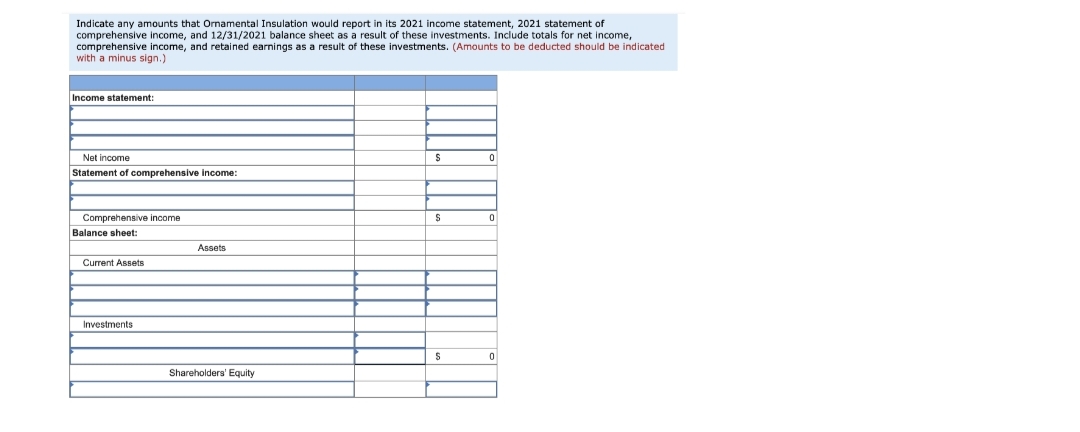 Indicate any amounts that Ornamental Insulation would report in its 2021 income statement, 2021 statement of
comprehensive income, and 12/31/2021 balance sheet as a result of these investments. Include totals for net income,
comprehensive income, and retained earnings as a result these investments. (Amounts to be deducted should be indicated
with a minus sign.)
Income statement:
Net income
Statement of comprehensive income:
Comprehensive income
Balance sheet:
Current Assets
Investments
Assets
Shareholders' Equity
$
S
S
0