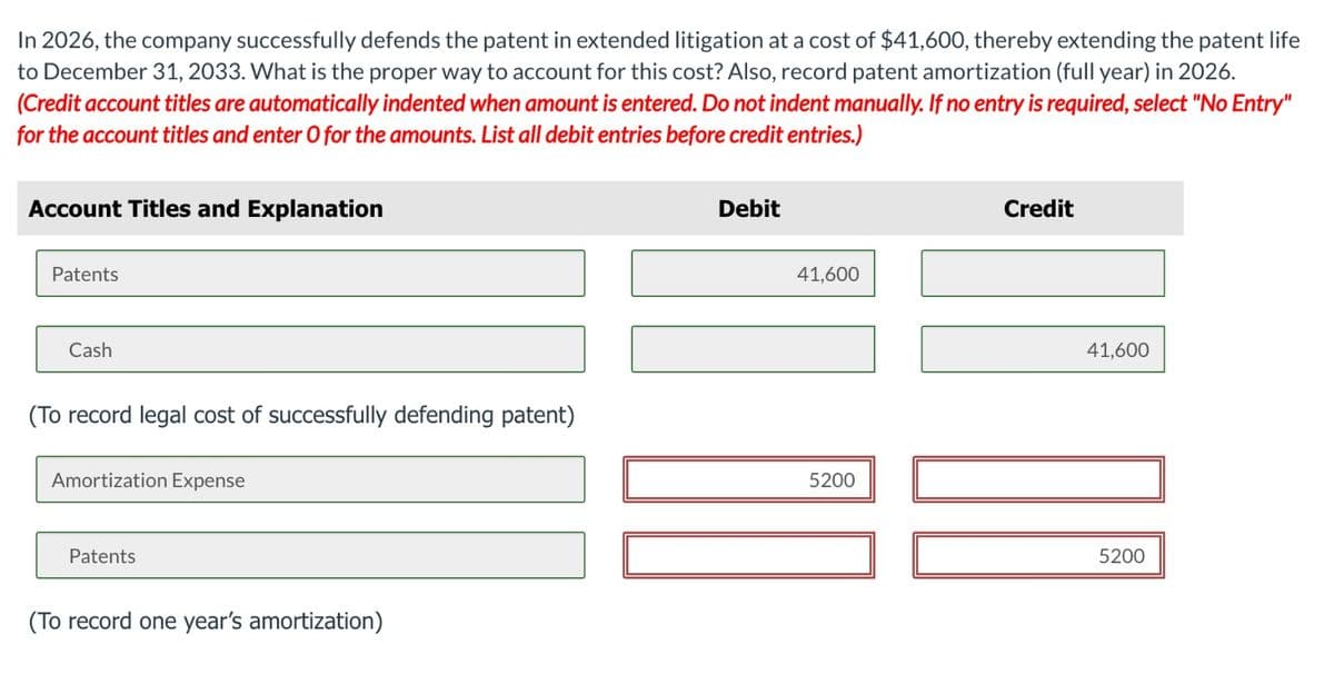 In 2026, the company successfully defends the patent in extended litigation at a cost of $41,600, thereby extending the patent life
to December 31, 2033. What is the proper way to account for this cost? Also, record patent amortization (full year) in 2026.
(Credit account titles are automatically indented when amount is entered. Do not indent manually. If no entry is required, select "No Entry"
for the account titles and enter O for the amounts. List all debit entries before credit entries.)
Account Titles and Explanation
Patents
Cash
(To record legal cost of successfully defending patent)
Amortization Expense
Patents
(To record one year's amortization)
Debit
41,600
5200
Credit
41,600
5200