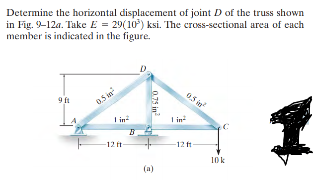 Determine the horizontal displacement of joint D of the truss shown
in Fig. 9–12a. Take E = 29(10') ksi. The cross-sectional area of each
member is indicated in the figure.
D
0.5 in?
9 ft
0.5 in?
1 in?
1 in?
-12 ft-
-12 ft
10 k
(a)
0.75 in²
