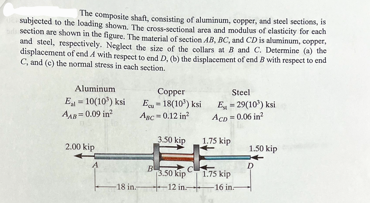 The
The composite shaft, consisting of aluminum, copper, and steel sections, is
subjected to the loading shown. The cross-sectional area and modulus of elasticity for each
orl section are shown in the figure. The material of section AB, BC, and CD is aluminum, copper,
and steel, respectively. Neglect the size of the collars at B and C. Determine (a) the
displacement of end A with respect to end D, (b) the displacement of end B with respect to end
C, and (c) the normal stress in each section.
Aluminum
Соpper
Steel
Ea = 10(103) ksi
AAB= 0.09 in?
Ecu = 18(10') ksi
ABC = 0.12 in?
E = 29(103) ksi
Acd = 0.06 in²
%3D
3.50 kip
1.75 kip
2.00 kip
1.50 kip
A
B
3.50 kip
1.75 kip
-18 in.-
-12 in.-
-16 in.-
