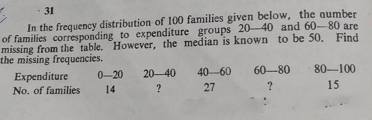 31
In the frequency distribution of 100 families given below, the aumber
of families corresponding to expenditure groups 20-40 and 60-80 are
missing from the table. However, the median is known to be 50. Find
the missing frequencies.
Expenditure
0-20
20-40
40-60
60-80 80-100
No. of families
14
27
15
