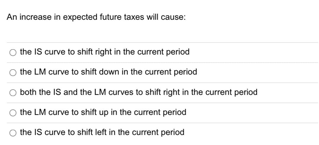 An increase in expected future taxes will cause:
the IS curve to shift right in the current period
the LM curve to shift down in the current period
O both the IS and the LM curves to shift right in the current period
the LM curve to shift up in the current period
the IS curve to shift left in the current period