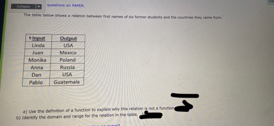 O po
questions on PAPER.
Collapse
The table below shows a relation between first names of six former students and the countries they came from.
* Input
Output
Linda
USA
Juan
Mexico
Monika
Poland
Anna
Russia
Dan
USA
Pablo
Guatemala
a) Use the definition of a function to explain why this relation is not a function
b) Identify the domain and range for the relation in the table.
nanor?
