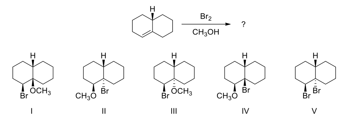 H
Br₂
CH3OH
?
H
Н
Н
H
в то в то
OCH 3
Br
OCH 3
Br
Br
CH3O
Br
CH3O
|
||
|||
IV
Br
Н
Br
V