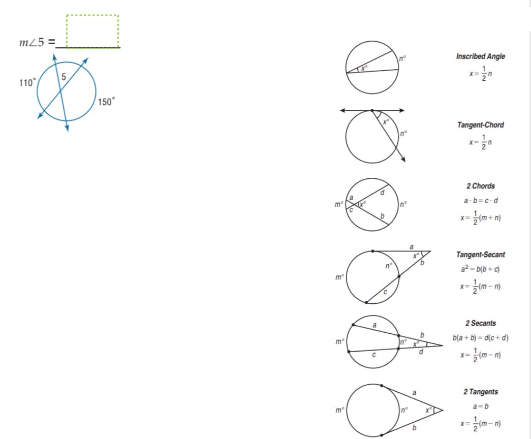 m25 =
Inscribed Angle
5
110°
150°
Tangent-Chord
X=
2 Chords
P.
a·b=c•d
m
X=
a
Tangent-Secant
n°
a2 = b(b+ c)
X=
m– n)
C.
a
2 Secants
b(a + b) = d(c + d)
X3D
2 Tangents
a=b
X=
