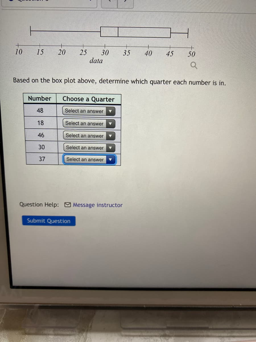 10
15
20
25
30
35
40
45
50
data
Based on the box plot above, determine which quarter each number is in.
Number
Choose a Quarter
48
Select an answer
18
Select an answer
46
Select an answer
30
Select an answer
37
Select an answer
Question Help: Message instructor
Submit Question
