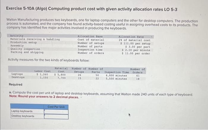 Exercise 5-10A (Algo) Computing product cost with given activity allocation rates LO 5-3
Walton Manufacturing produces two keyboards, one for laptop computers and the other for desktop computers. The production
process is automated, and the company has found activity-based costing useful in assigning overhead costs to its products. The
company has identified five major activities involved in producing the keyboards.
Activity
Materials receiving & handling
Production setup.
Assembly
Quality inspection
Packing and shipping
Activity measures for the two kinds of keyboards follow:
Laptops
Desktops
Required
Labor Cost
$ 1,260
1,150
Laptop keyboards
Desktop keyboards
Material
Cost
$5,800
7,700
Allocation Base
Cost of material
Number of setups
Number of parts
Inspection time
Number of orders.
Cost Per Unit
Number of Number of
Parta
50
22
Setups
26
15
Allocation Rate
28 of material cost.
$111.00 per setup
$ 3.00 per part
$ 2.10 per minute
$11.00 per order
Inspection Time
6,800 minutes
5,500 minutes
a. Compute the cost per unit of laptop and desktop keyboards, assuming that Walton made 240 units of each type of keyboard.
Note: Round your answers to 2 decimal places.
Number of
Orders
61
18