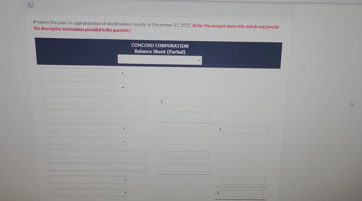 (2)
Prepare the paid-in capital section of stockholders' equity at December 31, 2022. (Enter the account name only and do not provide
the descriptive information provided in the question.)
CONCORD CORPORATION
Balance Sheet (Partial)
$
$