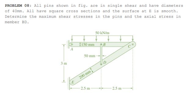 PROBLEM 08: All pins shown in fig. are in single shear and have diameters
of 40mm. All have square cross sections and the surface at E is smooth.
Determine the maximum shear stresses in the pins and the axial stress in
member BD.
50 kN/m
150 mm
В
50 mm
3 m
* 200 mm !
2.5 m
2.5 m
