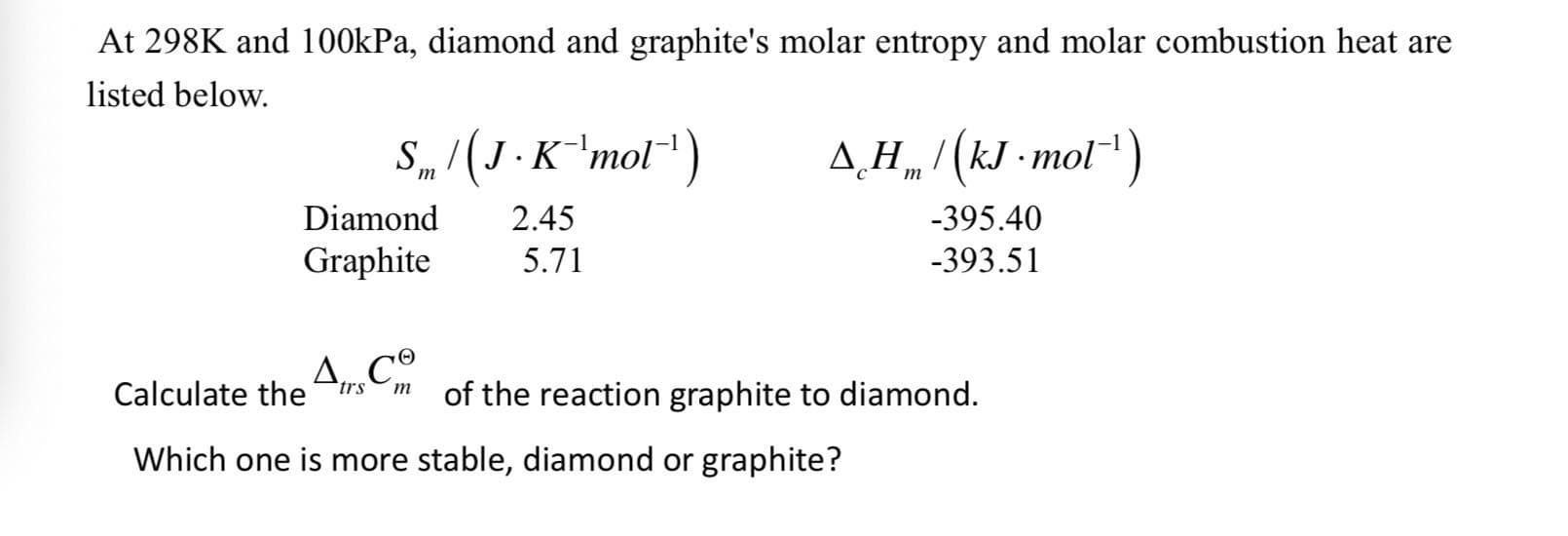 At 298K and 100kPa, diamond and graphite's molar entropy and molar combustion heat are
listed below.
S,/(J.K'mol)
A̟H„/ (kJ • mol)
т
Diamond
2.45
-395.40
Graphite
5.71
-393.51
Calculate the
of the reaction graphite to diamond.
trs
т
Which one is more stable, diamond or graphite?
