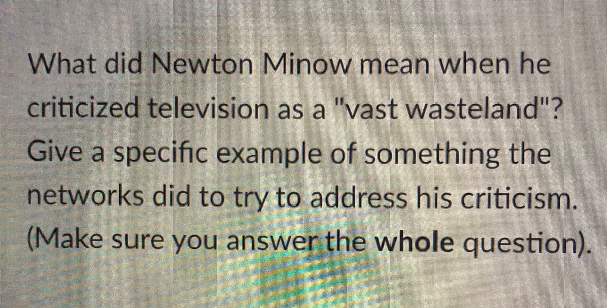 What did Newton Minow mean when he
criticized television as a "vast wasteland"?
Give a specific example of something the
networks did to try to address his criticism.
(Make sure you answer the whole question).
