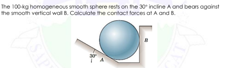 The 100-kg homogeneous smooth sphere rests on the 30° incline A and bears against
the smooth vertical wall B. Calculate the contact forces at A and B.
30°
| A
SAP
