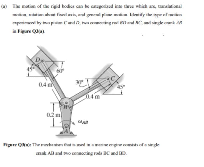 (a) The motion of the rigid bodies can be categorized into three which are, translational
motion, rotation about fixed axis, and general plane motion. Identify the type of motion
experienced by two piston Cand D, two connecting rod BD and BC, and single crank AB
in Figure Q3(a).
60°
0.4 m
30°
45°
0.4 m
0.2 m
WAB
Figure Q3(a): The mechanism that is uscd in a marine engine consists of a single
crank AB and two connecting rods BC and BD.
