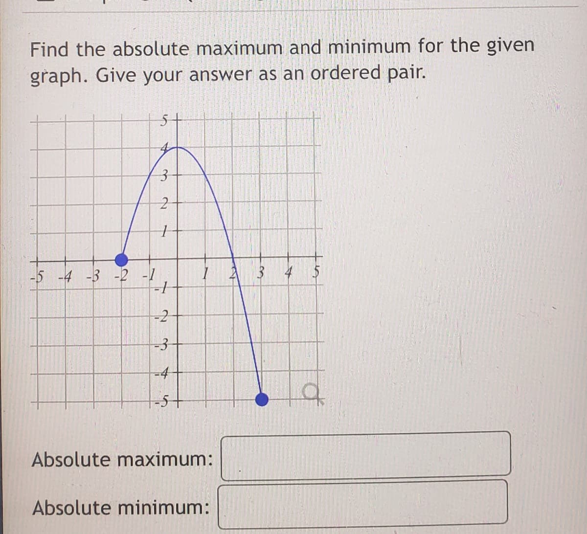 Find the absolute maximum and minimum for the given
graph. Give your answer as an ordered pair.
-5 -4 -3 -2 -1
-2
-3
-D4
-5+
Absolute maximum:
Absolute minimum:
