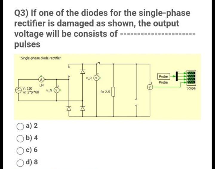 Q3) If one of the diodes for the single-phase
rectifier is damaged as shown, the output
voltage will be consists of ----
pulses
Single-phase diode rectifier
Probe
Probe
V_R O
IN
Scope
V: 120
w: 2"pi"60
V_N
R: 2.5
O a) 2
Ob) 4
c) 6
d) 8
本
