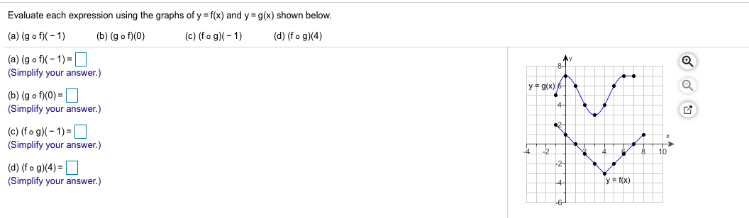 Evaluate each expression using the graphs of y = f(x) and y = g(x) shown below.
(a) (g o f)( - 1)
(b) (g o f)(0)
(c) (fo g)(- 1)
(d) (fo g)(4)
(a) (g o f)( – 1) = D
(Simplify your answer.)
y= g(x)
(b) (g o f)(0) =D
(Simplify your answer.)
(c) (fo g)(- 1) =
(Simplify your answer.)
10
(d) (fo g)(4) =
(Simplify your answer.)
4
y= f(x)
L6-
