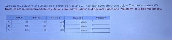 Calculate the durations and volatilities of securities A, B, and C. Their cash flows are shown below. The interest rate is 6%.
Note: Do not round intermediate calculations. Round "Duration" to 4 decimal places and "Volatility" to 2 decimal places.
ABO
А
Period 1
135
115
105
Period 2
135
115
105
Period 3
230
310
300
Duration
years
years
years
Volatility