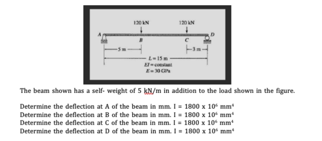 120 kN
120 kN
B
Sm
L-15 m
El = constant
E= 30 GPa
The beam shown has a self- weight of 5 kN/m in addition to the load shown in the figure.
Determine the deflection at A of the beam in mm. I = 1800 x 106 mm*
Determine the deflection at B of the beam in mm. I = 1800 x 106 mm*
Determine the deflection at C of the beam in mm. I = 1800 x 106 mm
Determine the deflection at D of the beam in mm. I = 1800 x 10 mm*
