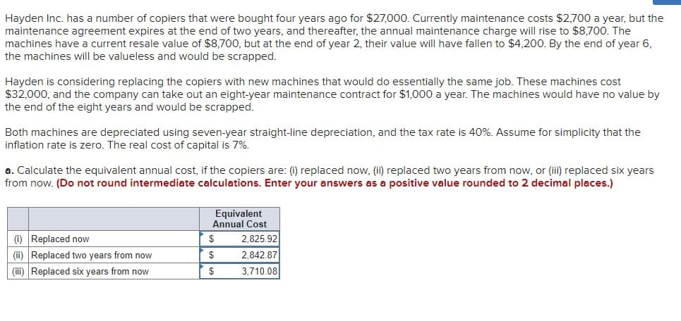 Hayden Inc. has a number of copiers that were bought four years ago for $27,000. Currently maintenance costs $2,700 a year, but the
maintenance agreement expires at the end of two years, and thereafter, the annual maintenance charge will rise to $8,700. The
machines have a current resale value of $8,700, but at the end of year 2, their value will have fallen to $4,200. By the end of year 6,
the machines will be valueless and would be scrapped.
Hayden is considering replacing the copiers with new machines that would do essentially the same job. These machines cost
$32,000, and the company can take out an eight-year maintenance contract for $1,000 a year. The machines would have no value by
the end of the eight years and would be scrapped.
Both machines are depreciated using seven-year straight-line depreciation, and the tax rate is 40%. Assume for simplicity that the
inflation rate is zero. The real cost of capital is 7%.
a. Calculate the equivalent annual cost, if the copiers are: (i) replaced now, (ii) replaced two years from now, or (iii) replaced six years
from now. (Do not round intermediate calculations. Enter your answers as a positive value rounded to 2 decimal places.)
Equivalent
Annual Cost
(i) Replaced now
$
2,825.92
(ii) Replaced two years from now
$
2,842.87
(iii) Replaced six years from now
$
3,710.08