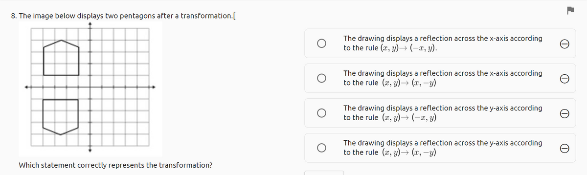 8. The image below displays two pentagons after a transformation.[
The drawing displays a reflection across the x-axis according
to the rule (x, y)→ (-x, y).
The drawing displays a reflection across the x-axis according
to the rule (x, y)→ (x, –y)
The drawing displays a reflection across the y-axis according
to the rule (x, y)→ (-x, y)
The drawing displays a reflection across the y-axis according
to the rule (x, y)→ (x, –y)
Which statement correctly represents the transformation?
