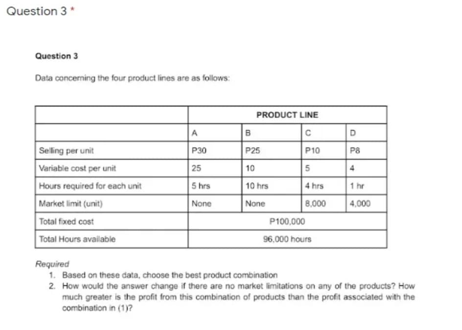 Question 3 *
Question 3
Data concerning the four product lines are as follows:
PRODUCT LINE
A
B
D
Selling per unit
Р30
P25
P10
P8
Variable cost per unit
25
10
4
Hours required for each unit
5 hrs
10 hrs
4 hrs
1 hr
Market limit (unit)
None
None
8,000
4,000
Total fixed cost
P100,000
Total Hours available
96,000 hours
Required
1. Based on these data, choose the best product combination
2. How would the answer change if there are no market limitations on any of the products? How
much greater is the profit from this combination of products than the profit associated with the
combination in (1)?
