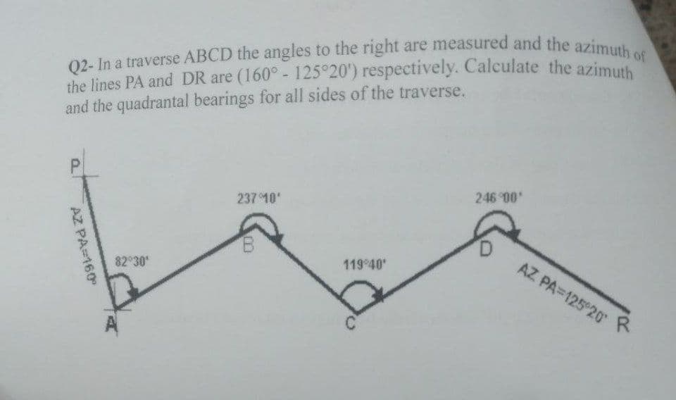 Q2- In a traverse ABCD the angles to the right are measured and the azimuth of
the lines PA and DR are (160° - 125°20') respectively. Calculate the azimuth
and the quadrantal bearings for all sides of the traverse.
P
AZ PA=160°
82°30'
237°10'
119°40'
246°00'
AZ PA=125°20' R