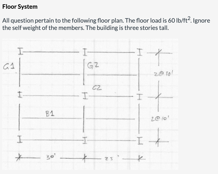 Floor System
All question pertain to the following floor plan. The floor load is 60 Ib/ft?. Ignore
the self weight of the members. The building is three stories tall.
I-
I-
I-
GZ
20 10!
C2
B1
ze 1o'
30'
82.
