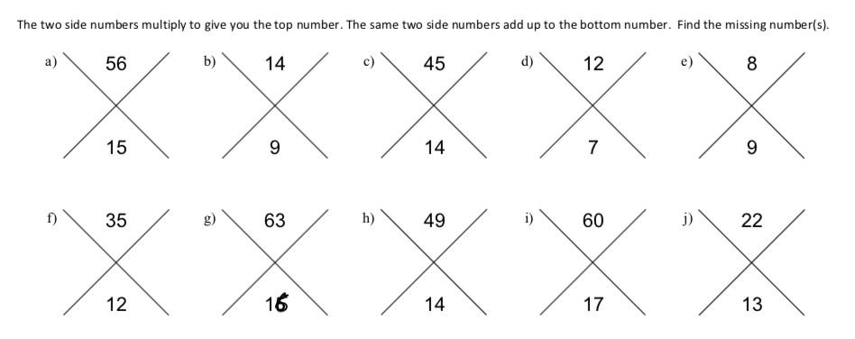 The two side numbers multiply to give you the top number. The same two side numbers add up to the bottom number. Find the missing number(s).
XXXXX
а)
56
b)
14
45
d)
12
8
15
9.
14
7
9
f)
35
g)
63
h)
49
60
j)
22
12
16
14
17
13
